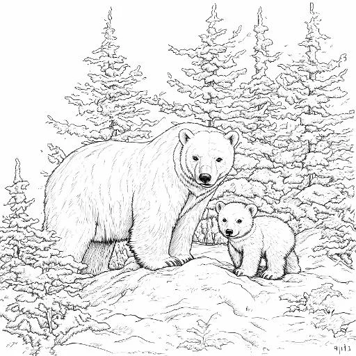 Mother polar bear with her cub, realistic illustration style — free printable coloring page