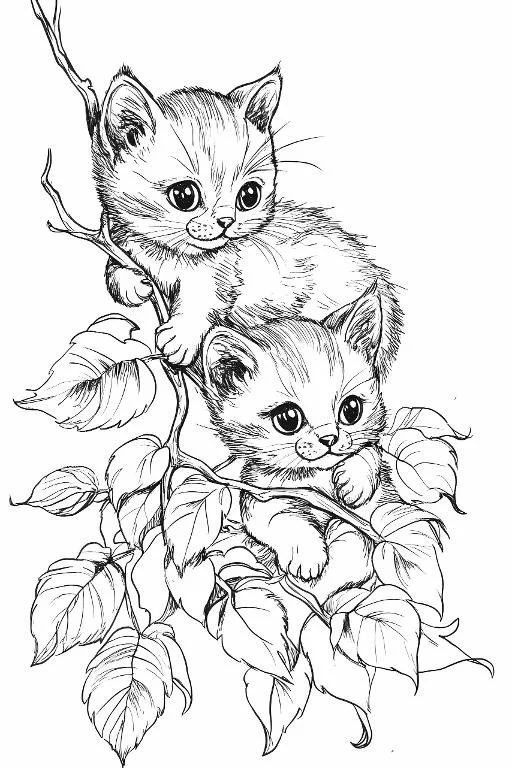 Two cute kittens on tree branch, cartoon sketch style — cartoon style — moderate detail — line art coloring page — for kids and adults of all ages