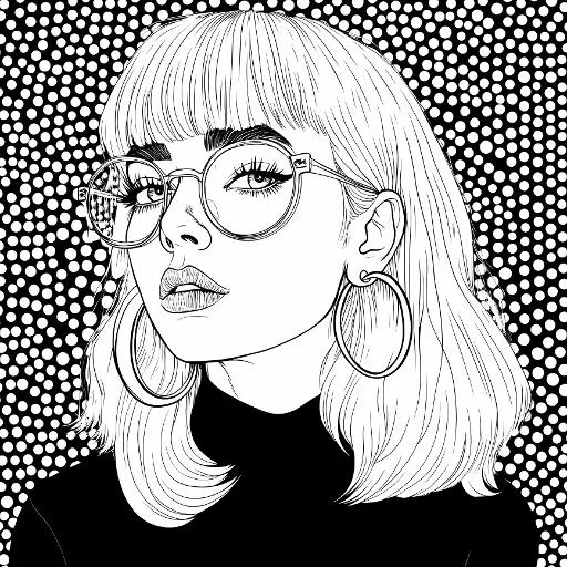 Stylish girl with round glasses and large hoop earrings, illustration style — moderate detail — line art coloring page — for teens and adults