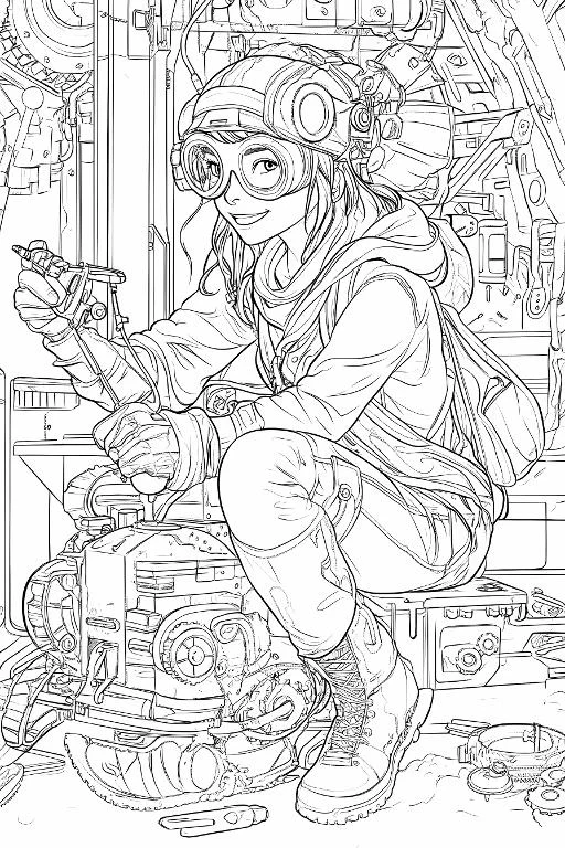 Sci-fi mechanical girl with goggles and helmet, repairing machinery in a spaceship cockpit — free printable coloring page
