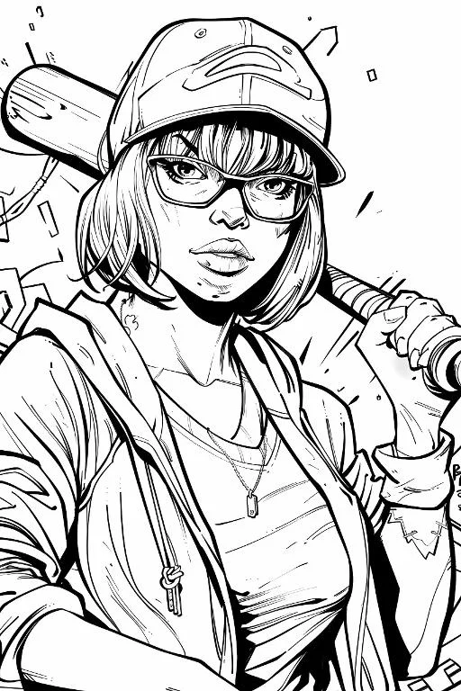 Cool girl wearing baseball cap, glasses and holding baseball bat — moderate detail — line art coloring page — for teens and young adults