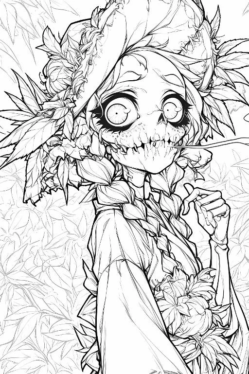 Skeleton girl with floral leaf headdress and braided hair, cartoon gothic fantasy style — cartoon style — moderate detail — line art coloring page — for teens and adults