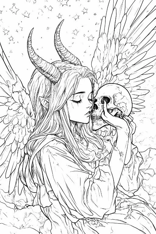 Coloring book page, fallen angel with curved horns and large wings holding a human skull — free printable coloring page