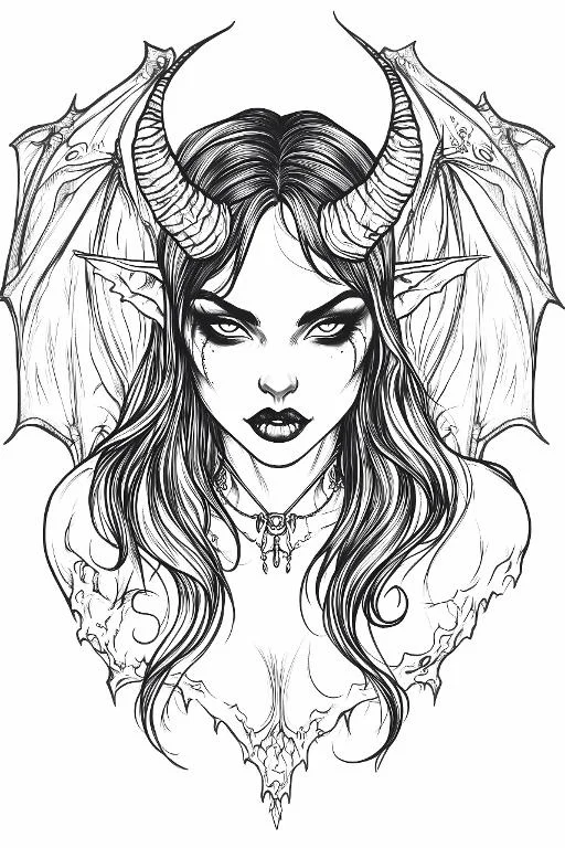 Demon girl with spiral horns and bat wings, gothic style — free printable coloring page