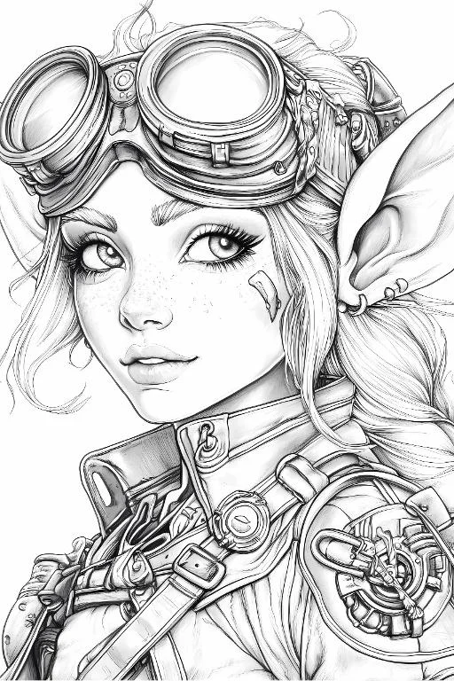 Steampunk elf girl with goggles, illustration style — free printable coloring page