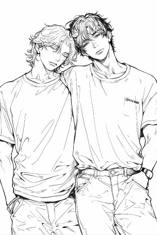 Two side-by-side teen boys with curly hair, anime style — free printable coloring page