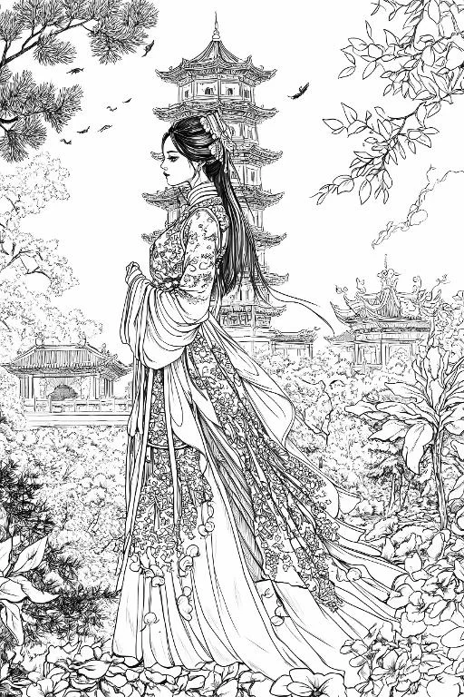 Elegant ancient chinese woman in ornate hanfu, chinese style — highly detailed — line art coloring page — for kids and adults of all ages