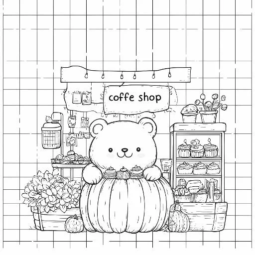 Cute bear sitting in a pumpkin in front of coffee shop, cartoon style — free printable coloring page
