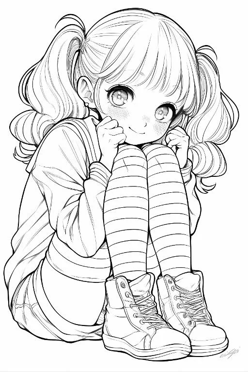 Cute twin-tailed cartoon girl in sailor uniform, sitting with knees hugged — free printable coloring page