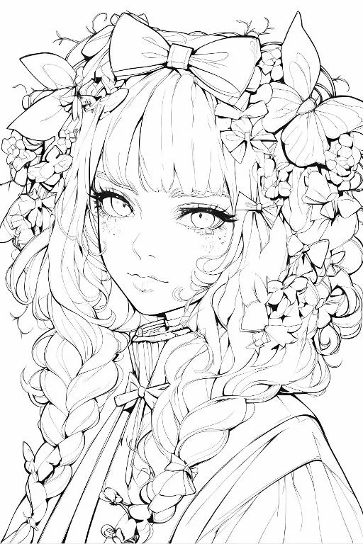 Braided girl with flower and bow decorations, anime style — free printable coloring page