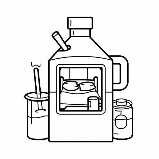 Bottle-shaped tiny house with a bed inside, cartoon style — cartoon style — beginner-friendly — line art coloring page — for kids and adults of all ages