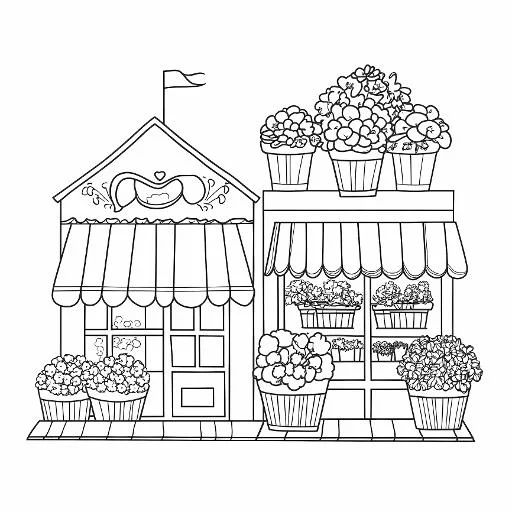 Cute garden shop with various potted flowers and striped awnings, cartoon style — cartoon style — moderate detail — line art coloring page — for kids and adults of all ages