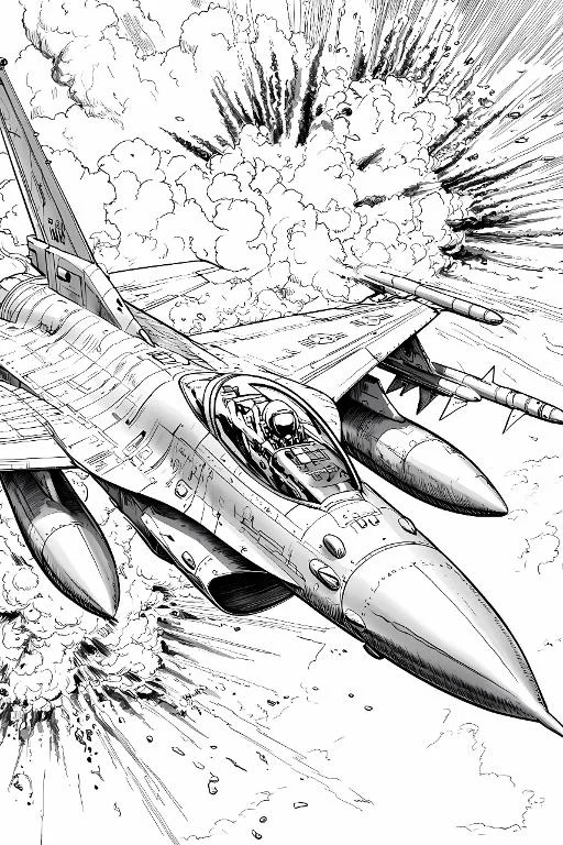 Military fighter jet with pilot in cockpit, realistic comic line art — free printable aviation coloring book page