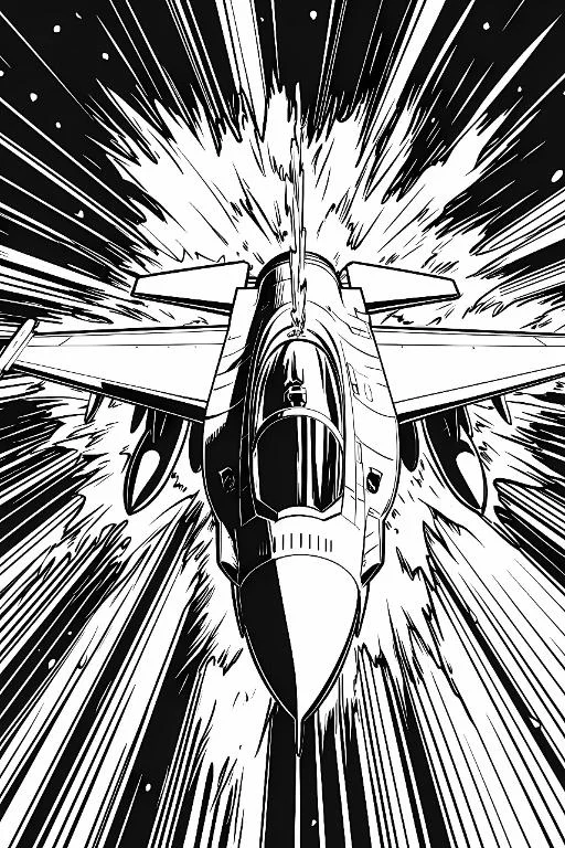 Front-facing fighter jet, comic art style — highly detailed — line art coloring page — for teens and adults
