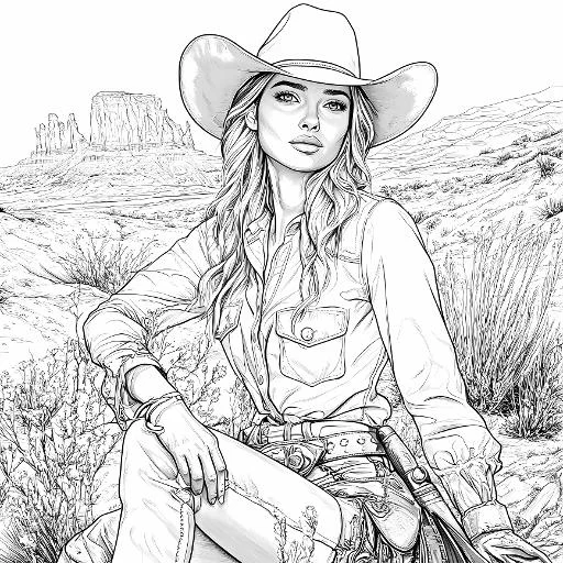Western cowgirl wearing cowboy hat, realistic illustration style — free printable wilderness coloring book page