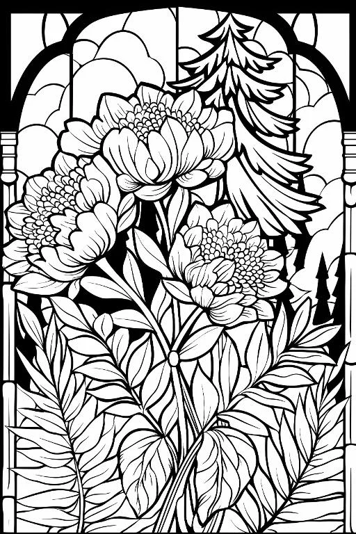 Peony flower arrangement with fern leaves inside gothic stained glass window, art nouveau style — free printable coloring page