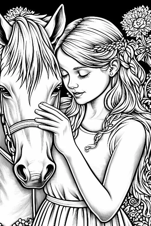 Girl with white horse, realistic line art style — free printable coloring page
