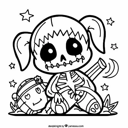 Cute cartoon skull doll with pigtails, sitting beside a mummy-style doll — cartoon style — moderate detail — line art coloring page — for kids ages 3–12