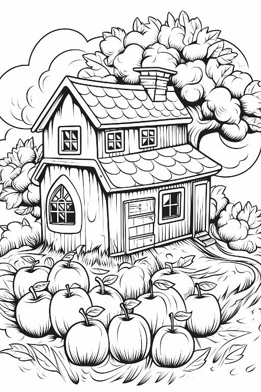 Pastoral cottage with pile of apples, cartoon style — free printable coloring page