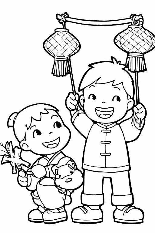 Chinese children in traditional tang suits, one holding lanterns — free printable coloring page