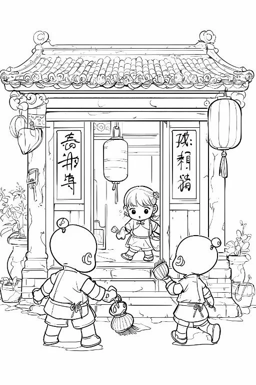 Children in front of traditional chinese gate, cartoon chinese style — free printable coloring page