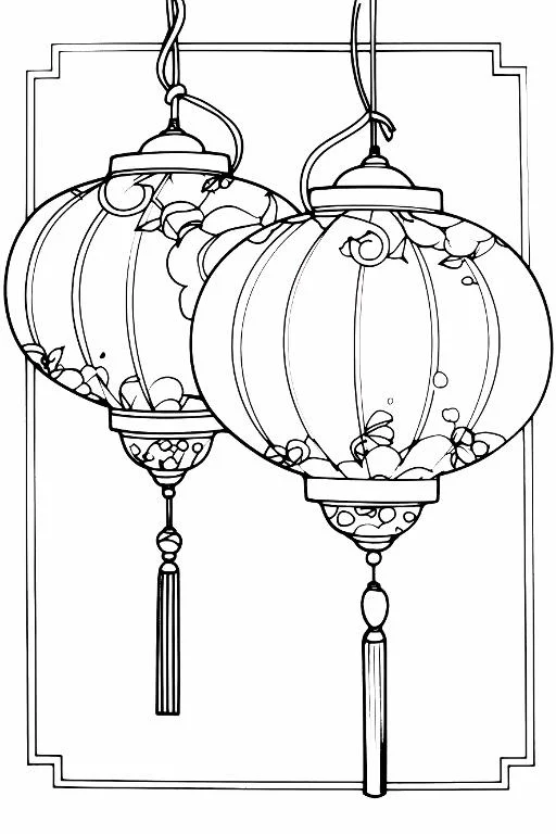 Chinese style floral lanterns, traditional chinese art style — free printable lantern festival coloring book page