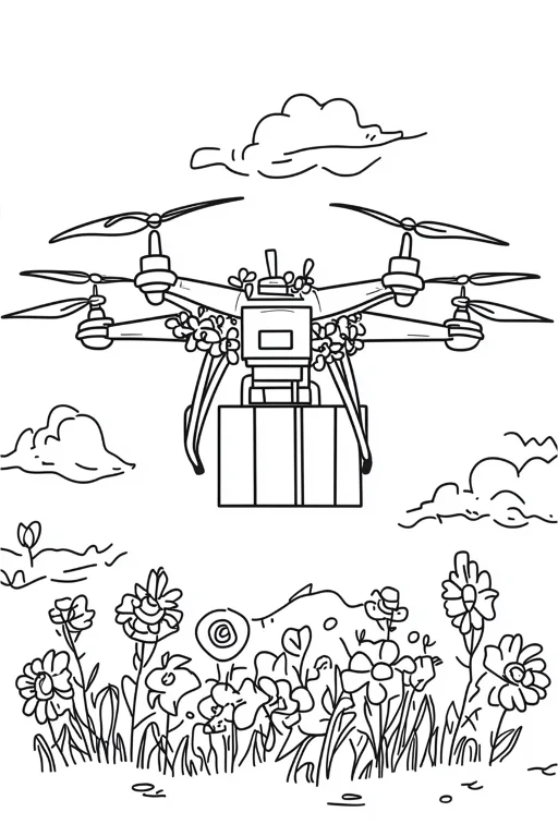 Delivery drone carrying a package, cartoon style — free printable technology coloring book page