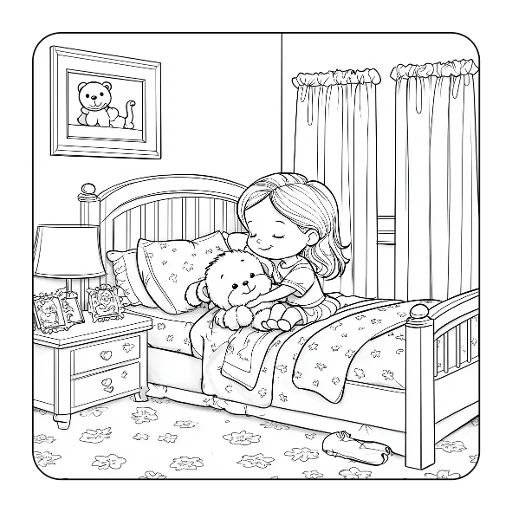 Little girl hugging teddy bear on bed in cozy bedroom, cartoon style — free printable coloring page