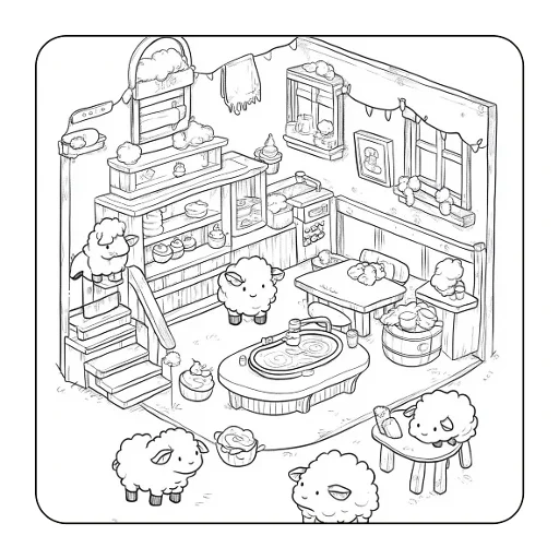Cute cartoon sheep in a cozy warm room, cartoon style — free printable coloring page
