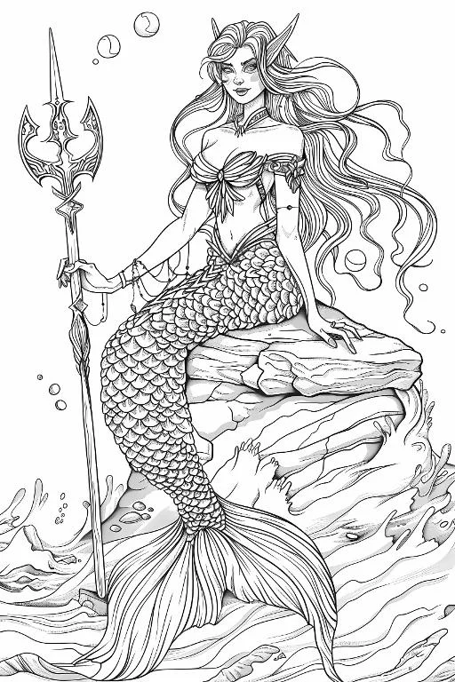 Mermaid holding a trident sitting on a rock, ocean waves and bubbles around — free printable coloring page