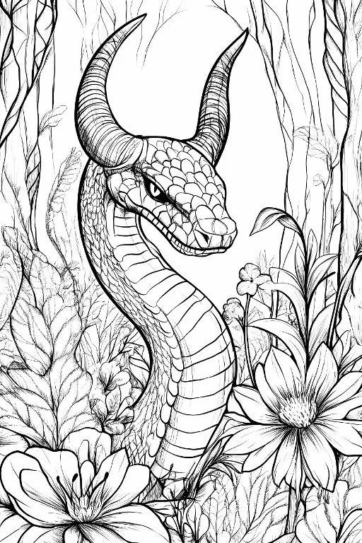 Fantasy horned serpent creature, sketch style — free printable coloring page