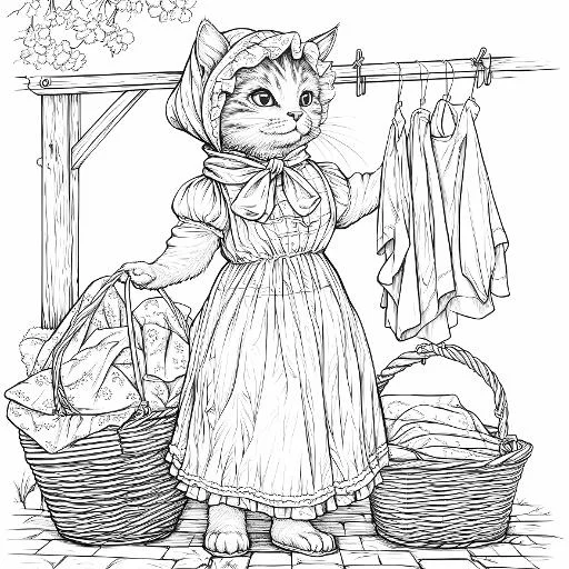 Anthropomorphic cat doing laundry, wearing dress and bonnet — free printable coloring page