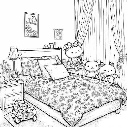 Cozy kids' bedroom with cute doll and teddy bears, cartoon style — free printable coloring page