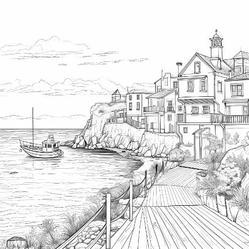 Seaside town dock landscape, realistic sketch style — realistic style — moderate detail — line art coloring page — for kids and adults of all ages