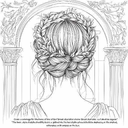 Back view of ancient greek woman with laurel wreath in braided bun, classical greek style with ornate columns and decorative arch — free printable classical scene coloring book page