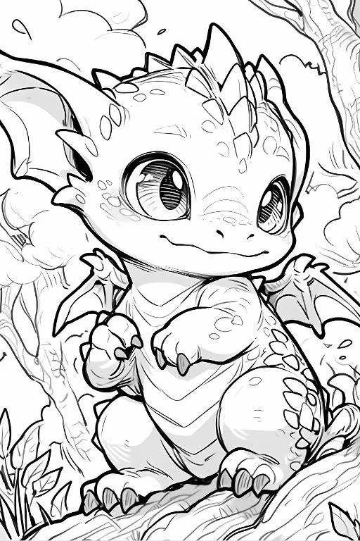 Cute cartoon baby dragon, chibi anime style — cartoon style — moderate detail — line art coloring page — for kids and adults of all ages