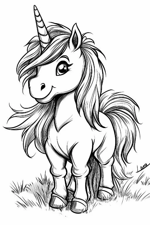 Cute cartoon unicorn with spiral horn and fluffy mane, standing on grass — free printable coloring page