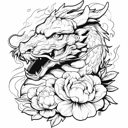 Chinese dragon head with peony flowers, chinese traditional style — moderate detail — line art coloring page — for kids and adults of all ages
