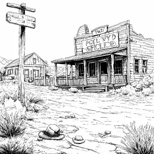 Coloring book page, vintage western town street scene — moderate detail — line art coloring page — for kids and adults of all ages