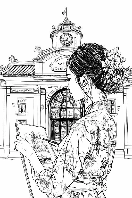 Chinese style girl in traditional clothing painting in front of an ornate chinese clock tower, fine smooth outlines — free printable coloring page