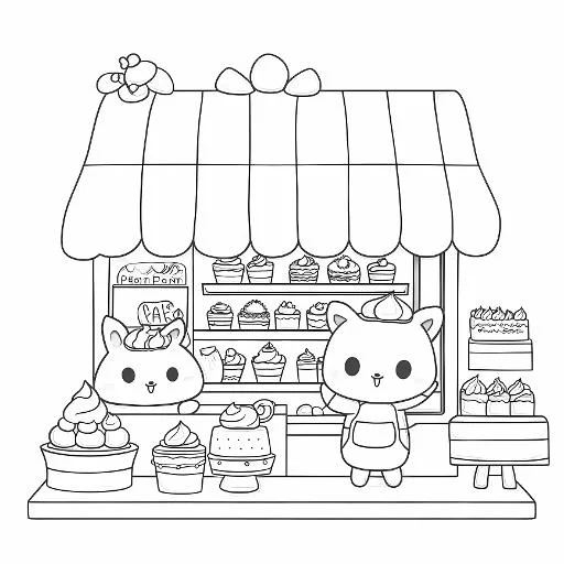 Cute cartoon cat and rabbit in dessert shop, cartoon style — cartoon style — moderate detail — line art coloring page — for kids and adults of all ages