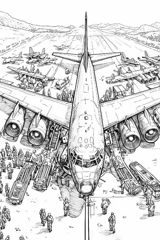 Large military transport aircraft, realistic style — free printable aviation coloring book page