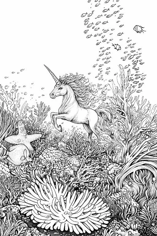 Unicorn in underwater scene, fantasy style — highly detailed — line art coloring page — for kids and adults of all ages