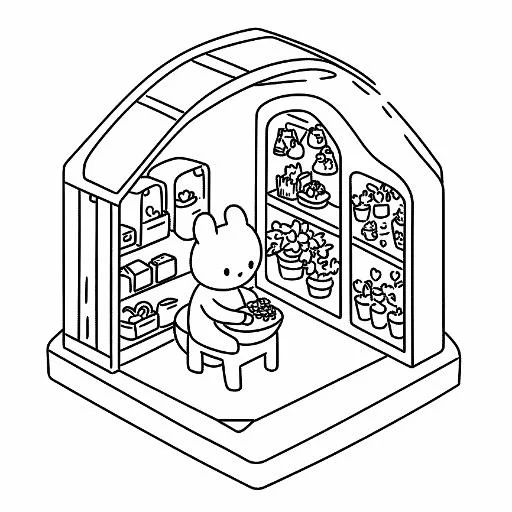 Cartoon rabbit in an arched tiny house with potted plants, cartoon style — free printable coloring page