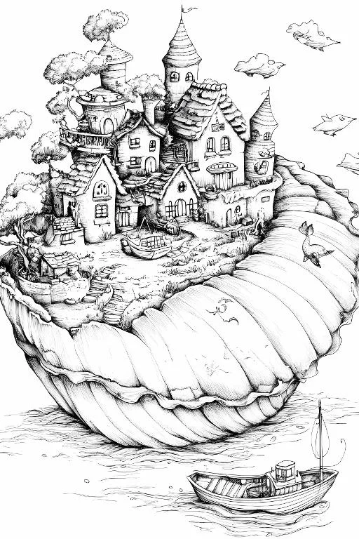 Fairy tale village on a giant seashell, hand-drawn line art style — free printable coloring page