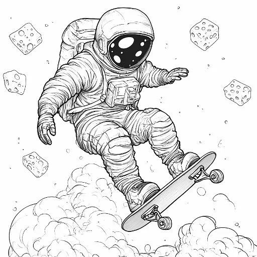Astronaut skateboarding in space, cartoon style — cartoon style — moderate detail — line art coloring page — for kids and adults of all ages