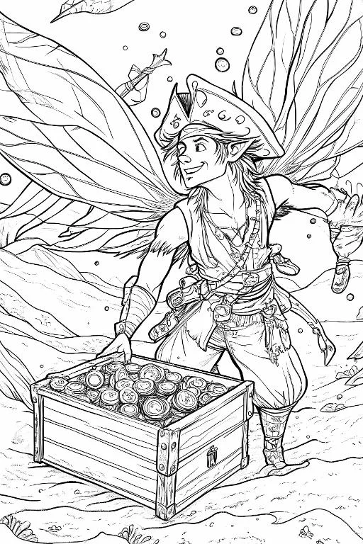 Pirate fairy with a treasure chest full of gold coins, fantasy cartoon style — free printable treasure hunt coloring book page