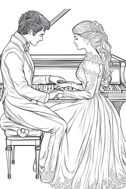 Vintage couple playing grand piano together, vintage realistic line art style — moderate detail — line art coloring page — for kids and adults of all ages