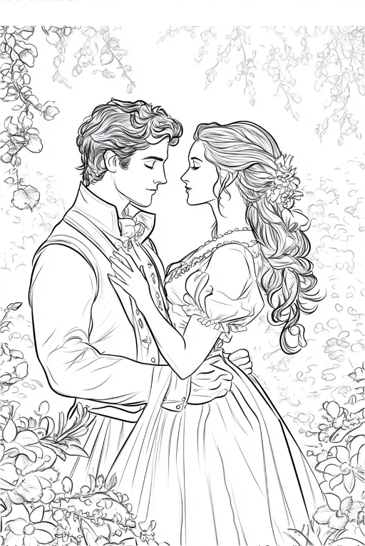 Retro style romantic couple, vintage realistic illustration — free printable coloring page