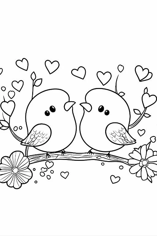 Cute cartoon couple birds perched on a branch, cartoon style — free printable coloring page